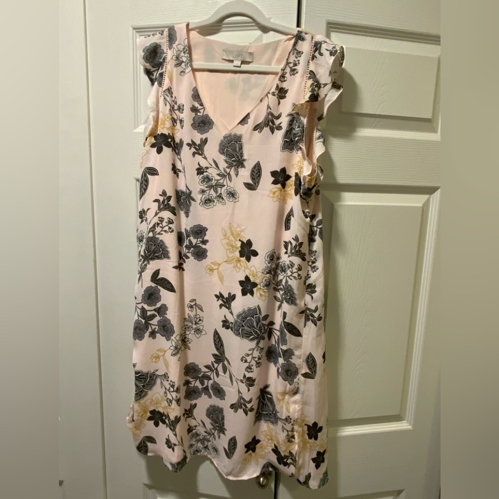LOFT Floral Ruffle Sleeve Dress - Pink, Black, and Gold